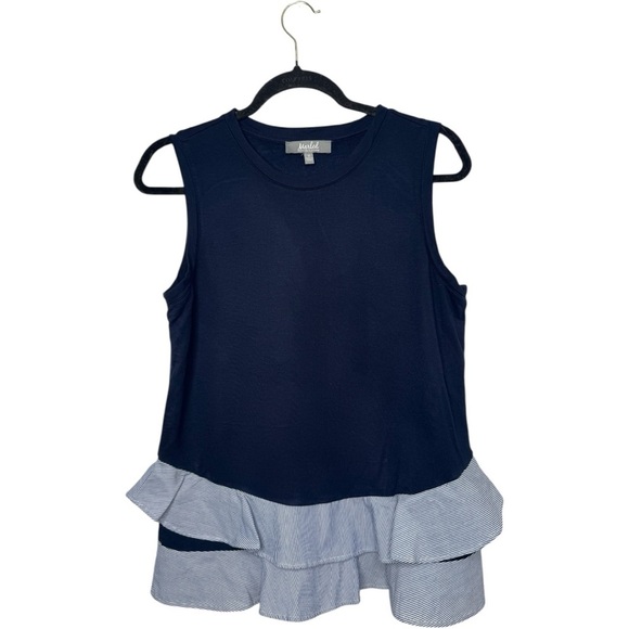 Marled Tops - Marled Navy Blue Tank Top with Pinstripe Ruffle Coquette Preppy style medium